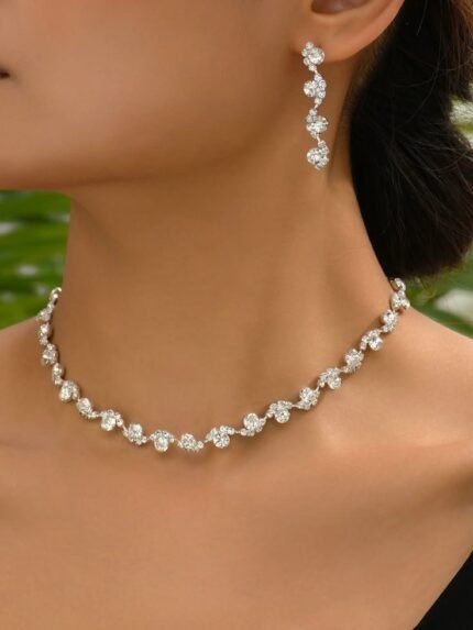 Elegant Sparkle: Floral Diamond Choker & Earrings Set
