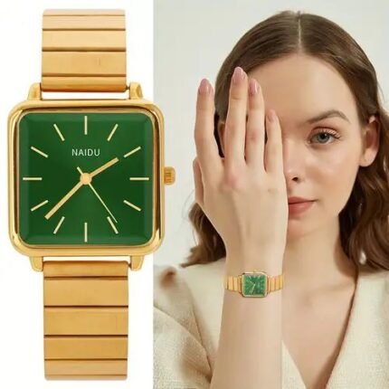 NAIDU Gold & Green Square Watch