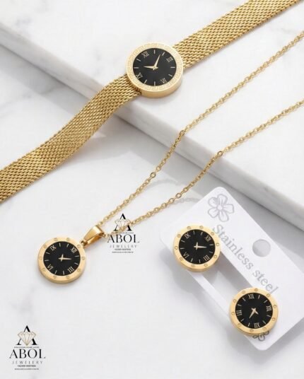 Roman Numeral Clock Face Gold Stainless Steel Jewelry Set
